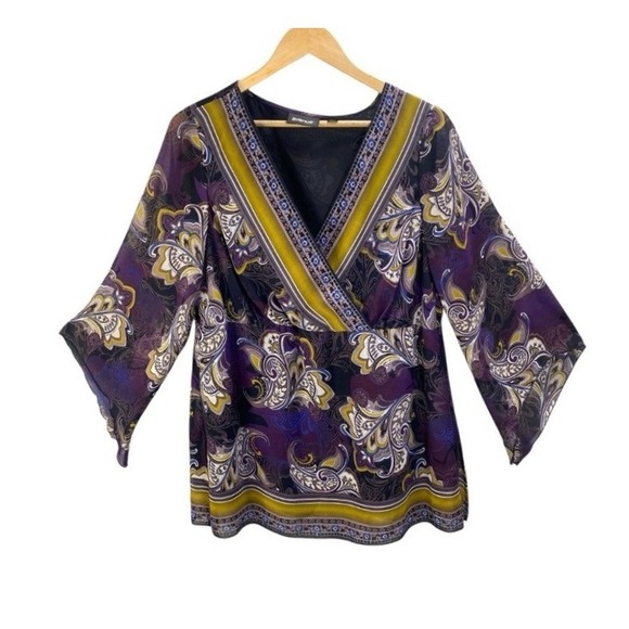 Fairy Grunge Purple Paisley Faux Wrap Boho Tunic Bell Sleeve Top Size 14/16 Y2k - Picture 2 of 9